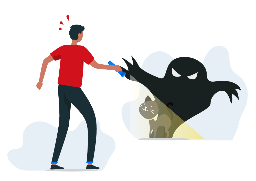 Disturbo d'Ansia Generalizzata Treviso - Approcio Disturbo d'Ansia Generalizzata Treviso - Illustrazione Uomo che Illumina un'Ombra Minacciosa e Vede un Gatto