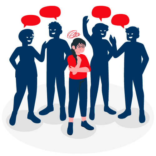 Fobia Sociale Treviso - Illustrazione Donna Nervosa tra Persone che Sparlano