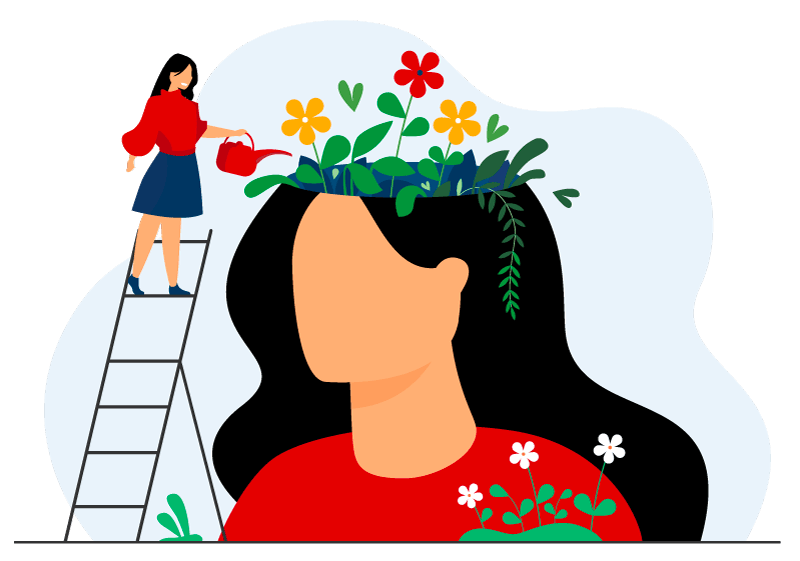 Percorsi Crescita Personale Treviso - Illustrazione Testa di Donna con Fiori e la Stessa Donna che li Annaffia
