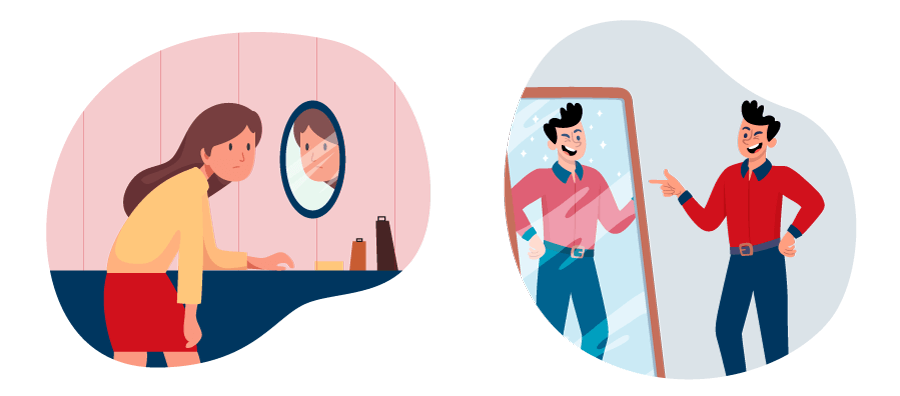Problemi di Autostima Treviso - Illustrazione Donna che si Valuta Negativamente, Uomo che si Valuta Positivamente